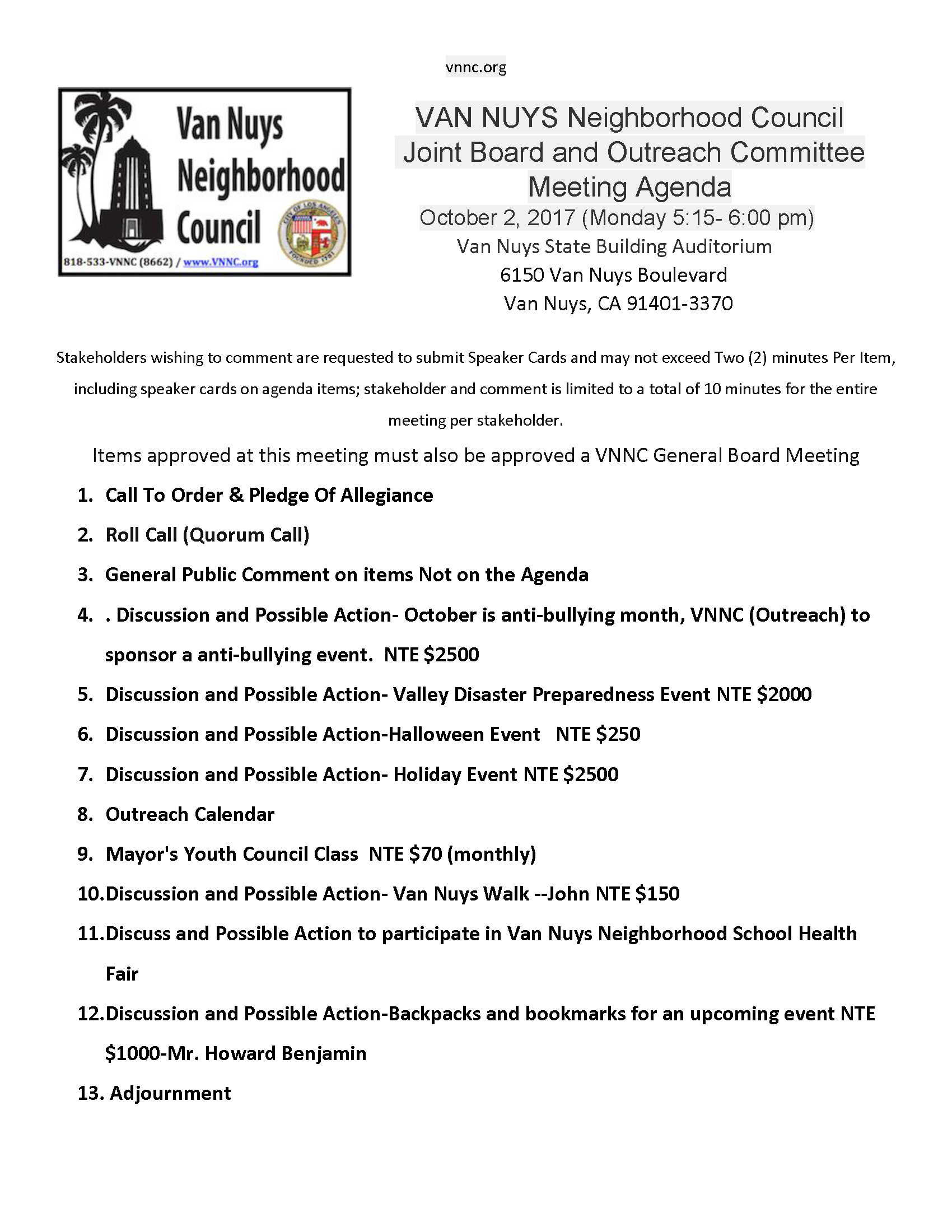 Inactief mot Speciaal Van Nuys Neighborhood Council Outreach Committee Meeting Agenda – October  2, 2017, from 5:15 pm – 6:00 pm – Van Nuys Neighborhood Council